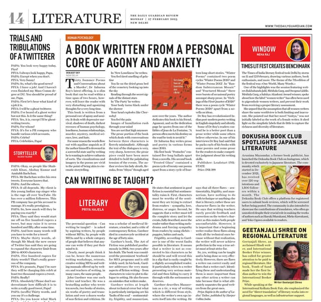 Newspaper clipping of Neha Raj's literature column in The Daily Guardian