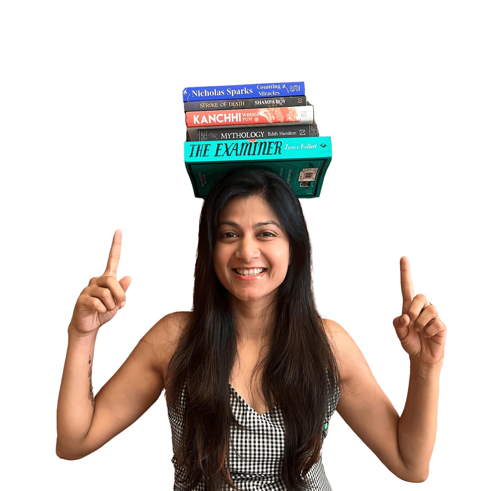 Neha Raj — The Book Marketing Girl, balancing a stack of books